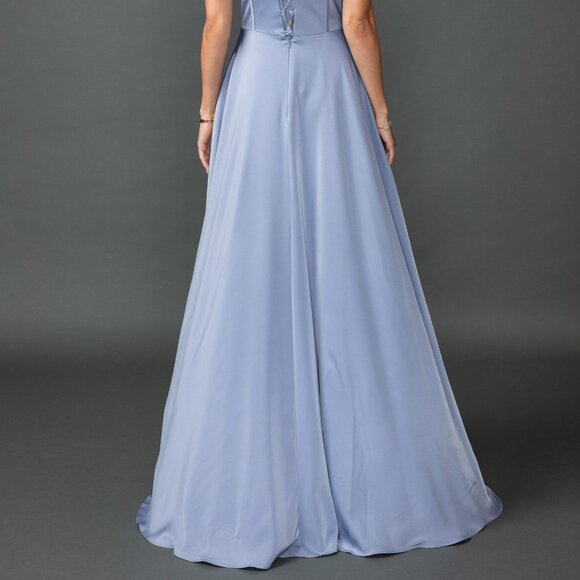 New Off the Shoulder Bridesmaid Chiffon Gown w/ Cowl Neck & Boned Bodice DQ 4539 - Picture 6 of 9
